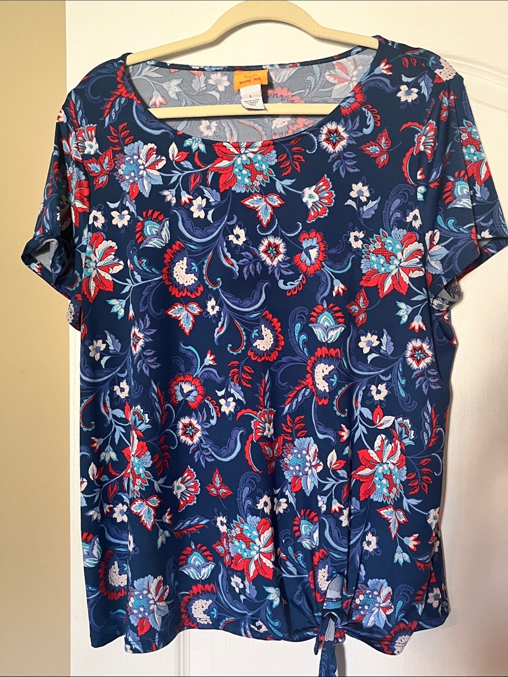 Ruby Rd. Navy Floral Short Sleeve Tie-Hem Top